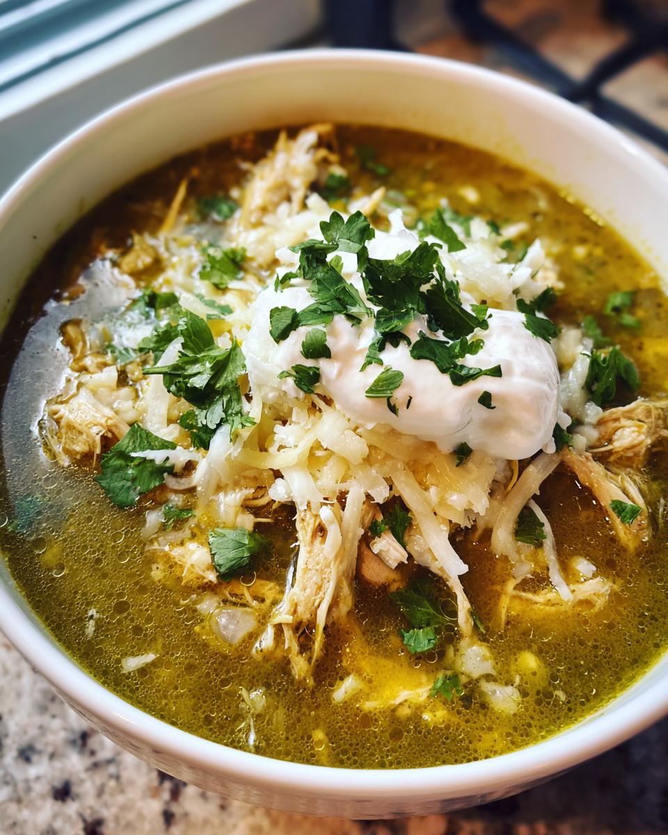 A bowl of Green Enchilada Chicken Soup topped with cheese, sour cream, and fresh parsley.
