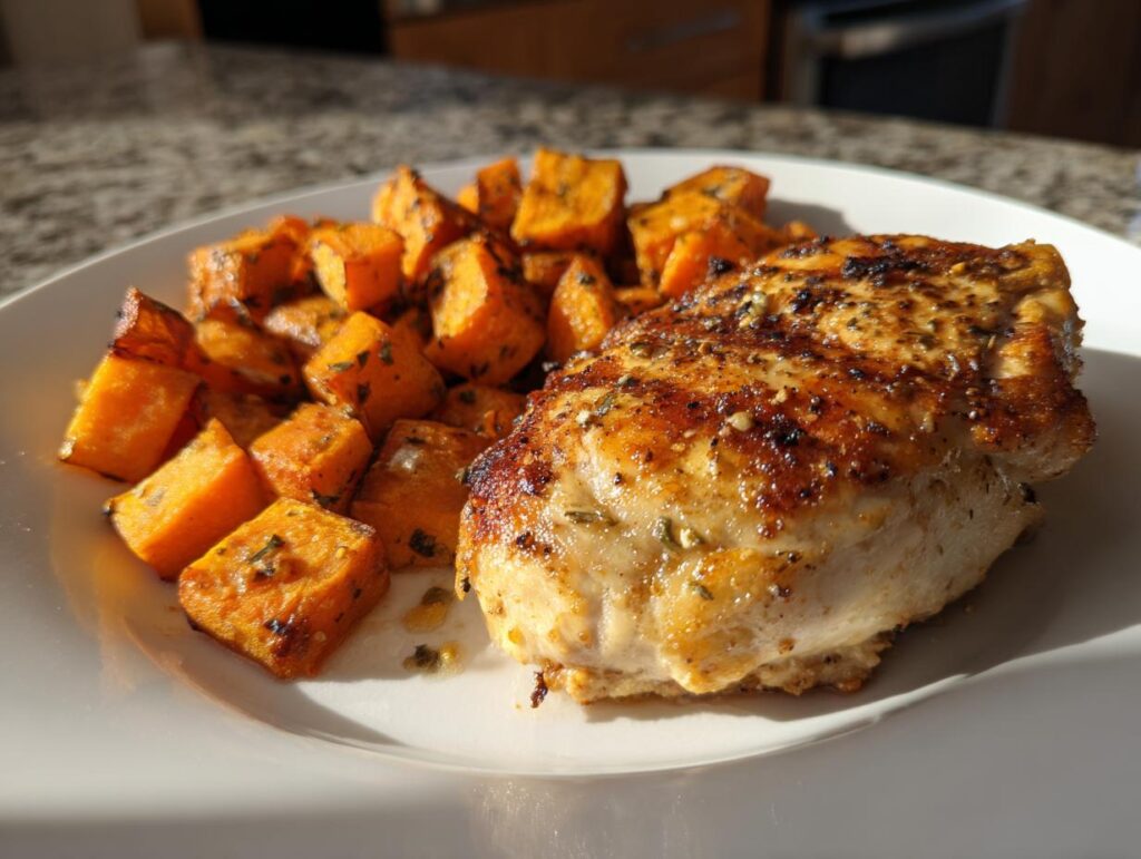 A plate of Grilled Chicken & Sweet Potato cubes, seasoned and ready to eat.