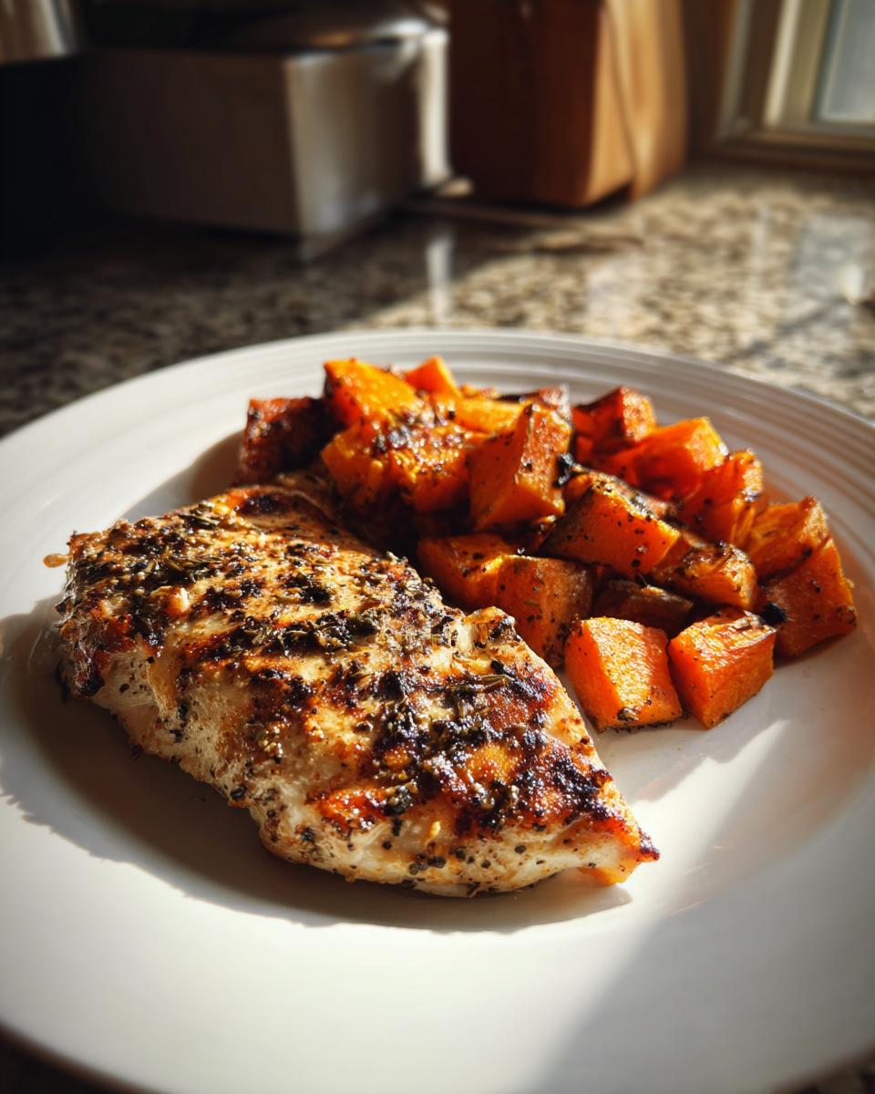 A plate of delicious grilled chicken and sweet potato, seasoned and ready to eat. Perfect for a healthy meal.
