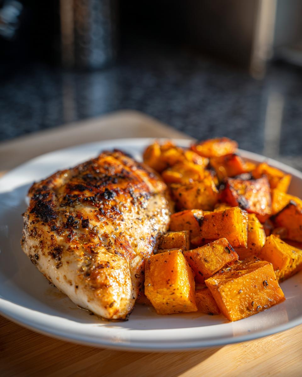A plate of grilled chicken and sweet potato cubes, showcasing a healthy and delicious meal.