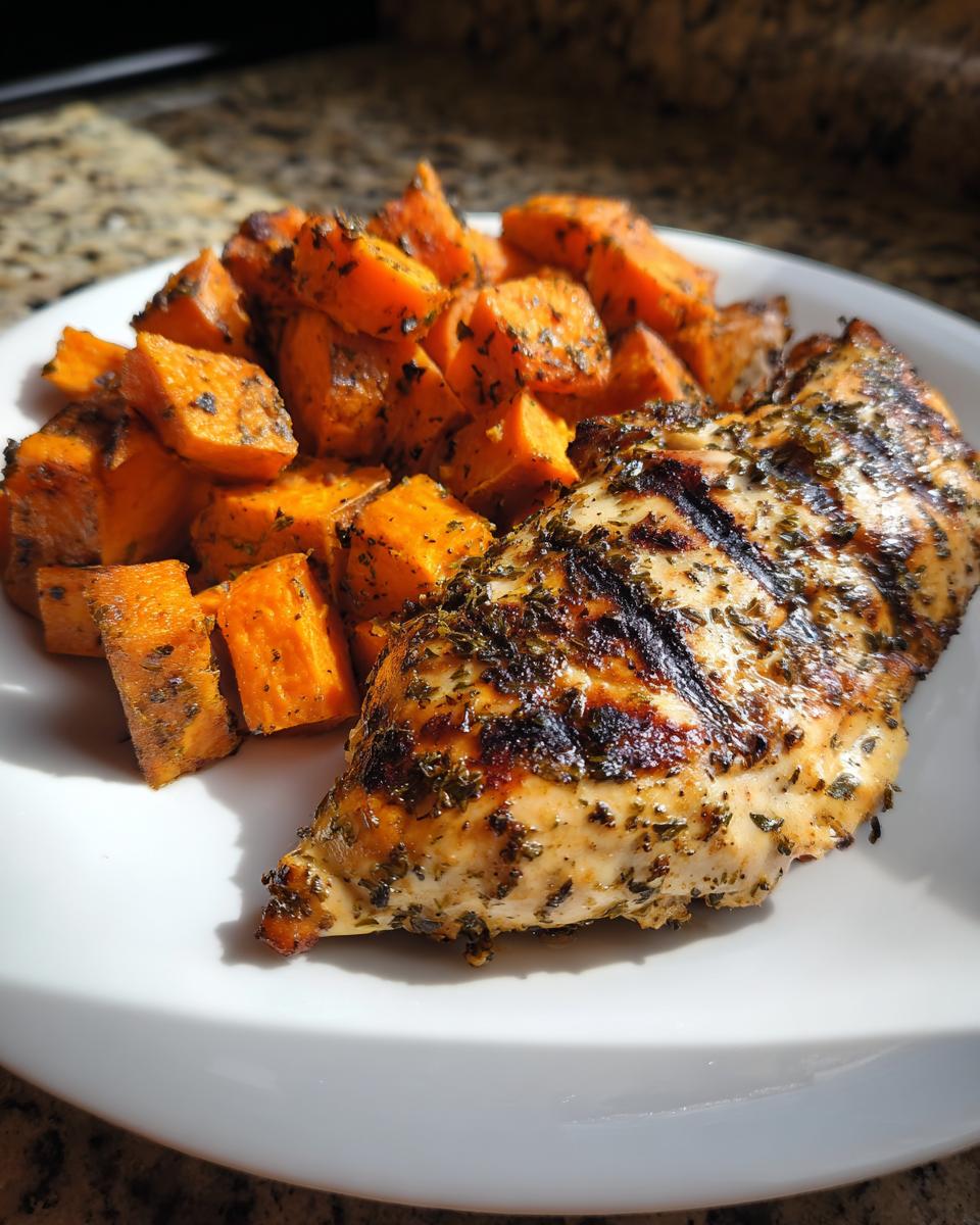 A plate of Grilled Chicken & Sweet Potato, seasoned and ready to eat. Healthy and delicious meal.