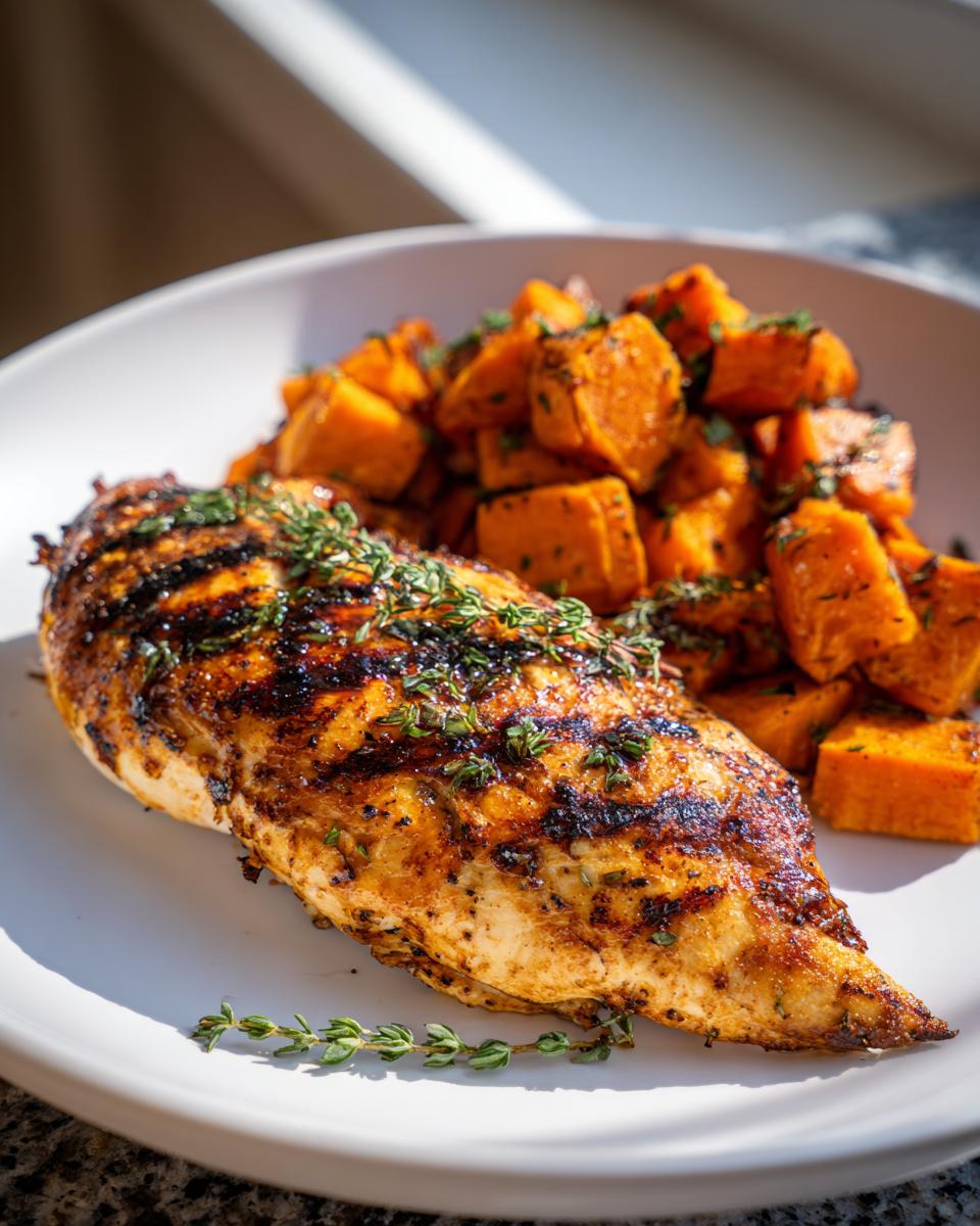 A plate of grilled chicken breast with grill marks, served with diced sweet potato and garnished with thyme.