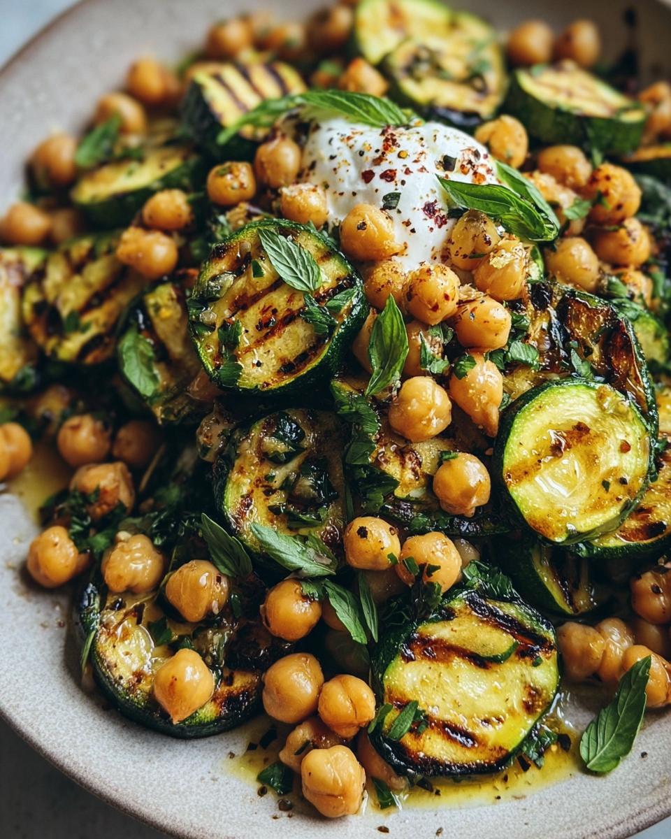 Close-up of Grilled Zucchini Chickpea Salad with grilled zucchini, chickpeas, herbs, and a dollop of yogurt.
