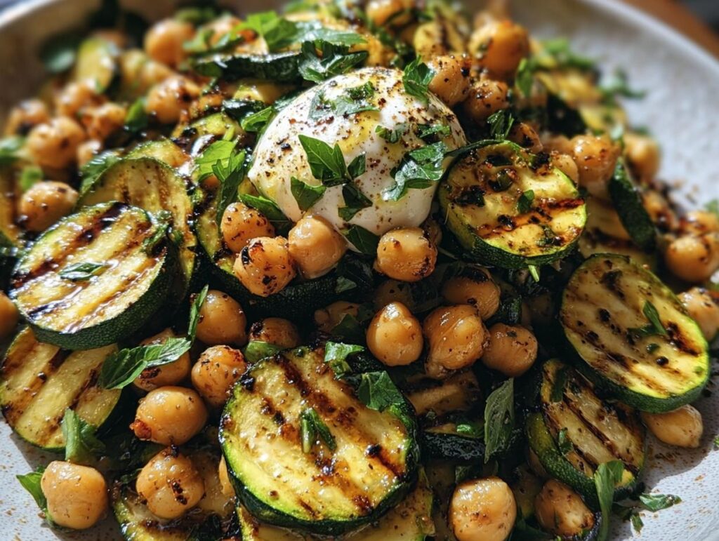 A vibrant Grilled Zucchini Chickpea Salad topped with creamy burrata and fresh herbs.