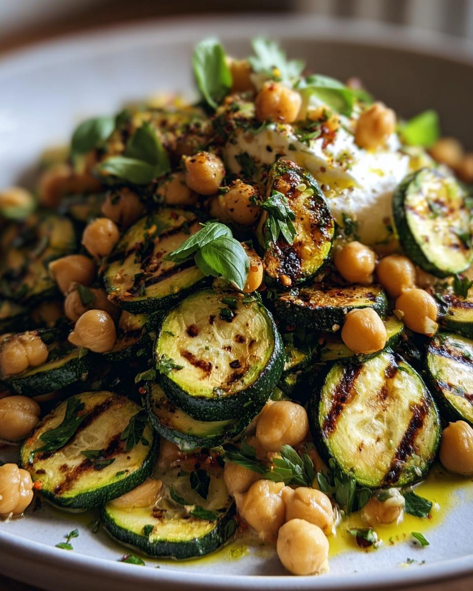 A delicious Grilled Zucchini Chickpea Salad with creamy burrata, fresh basil, and a flavorful dressing.