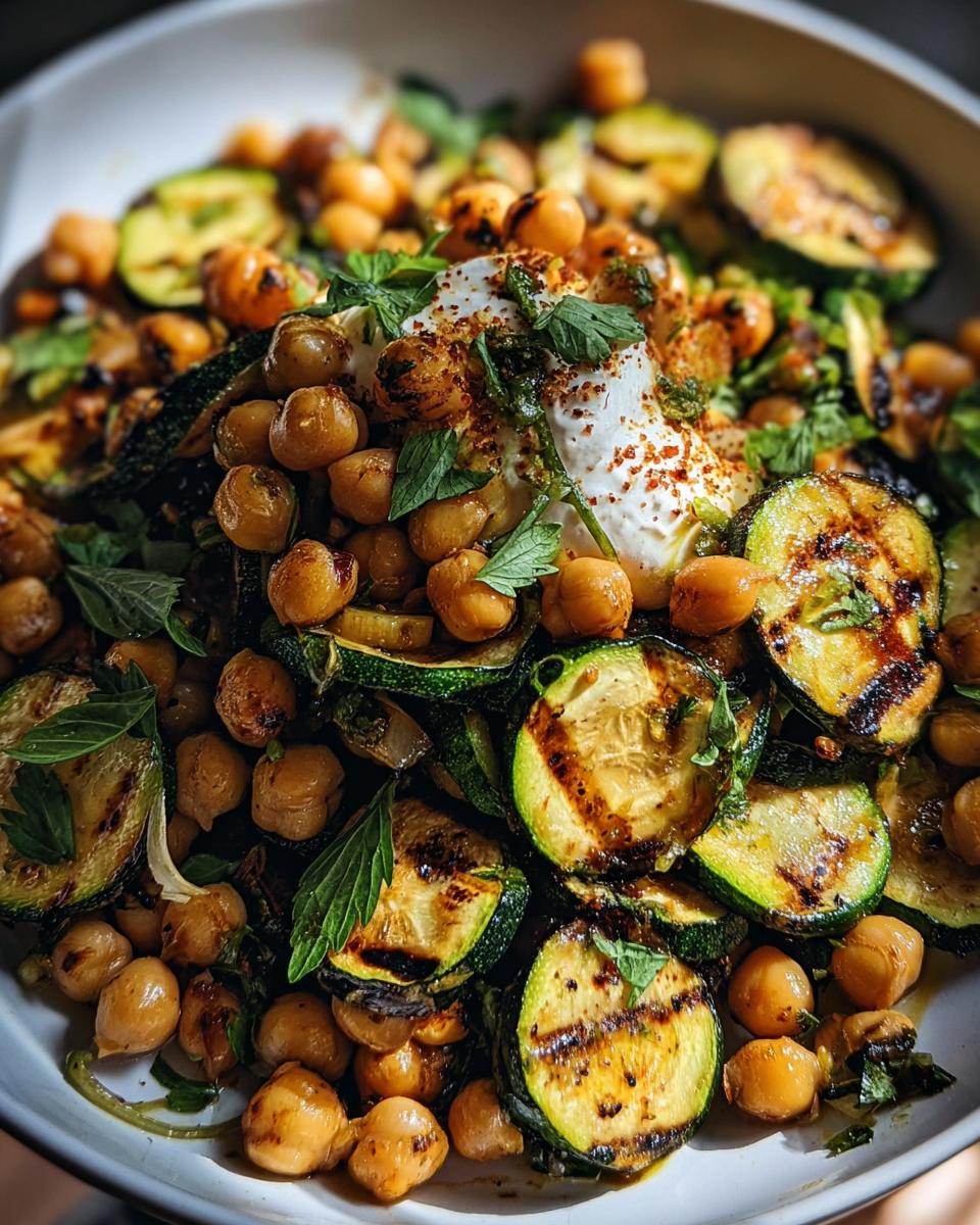 Close-up of Grilled Zucchini Chickpea Salad topped with yogurt and fresh mint.