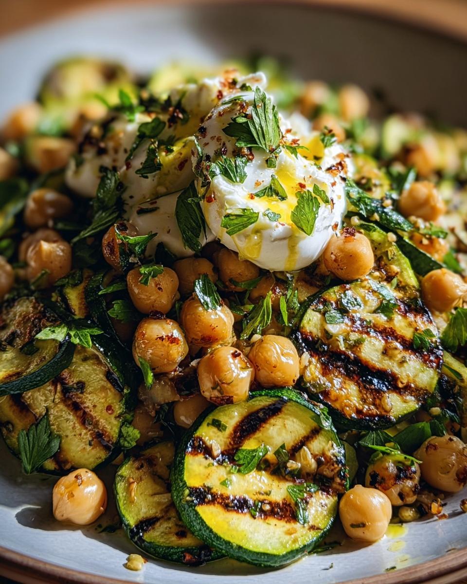 Close-up of Grilled Zucchini Chickpea Salad topped with burrata, herbs, and olive oil.