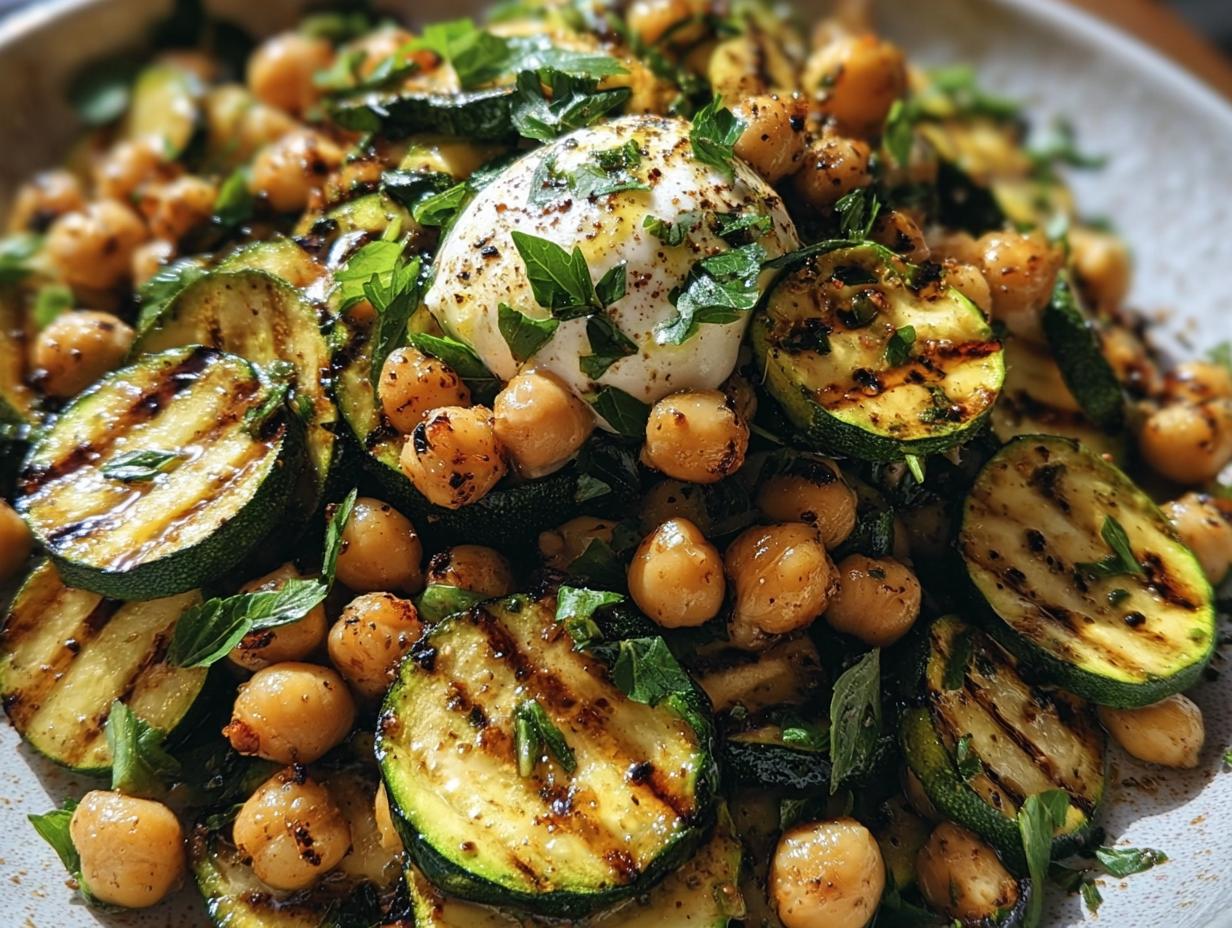 A vibrant Grilled Zucchini Chickpea Salad topped with creamy burrata and fresh herbs.