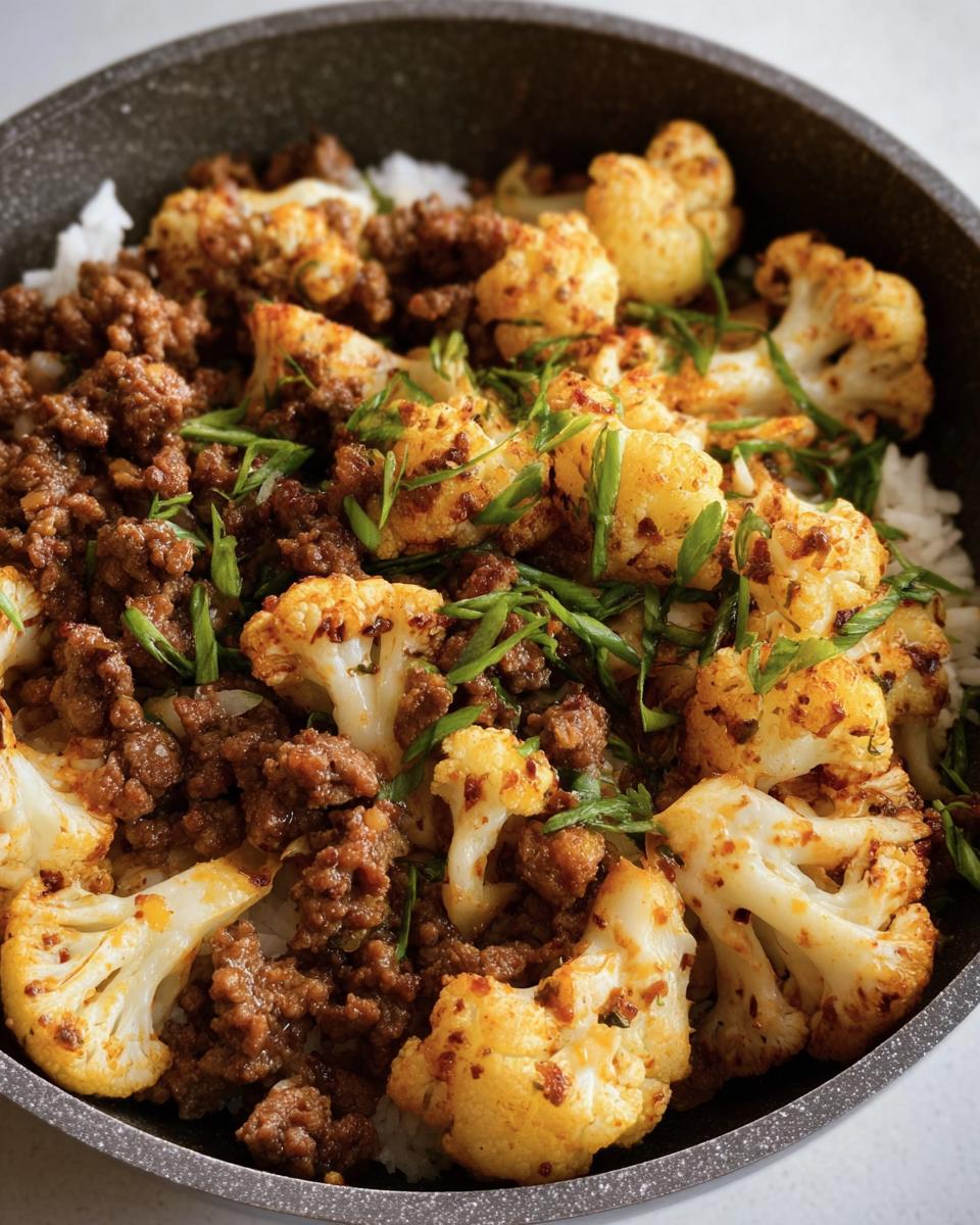 Close-up of a Ground Beef Cauliflower Skillet, garnished with green onions, served over rice.
