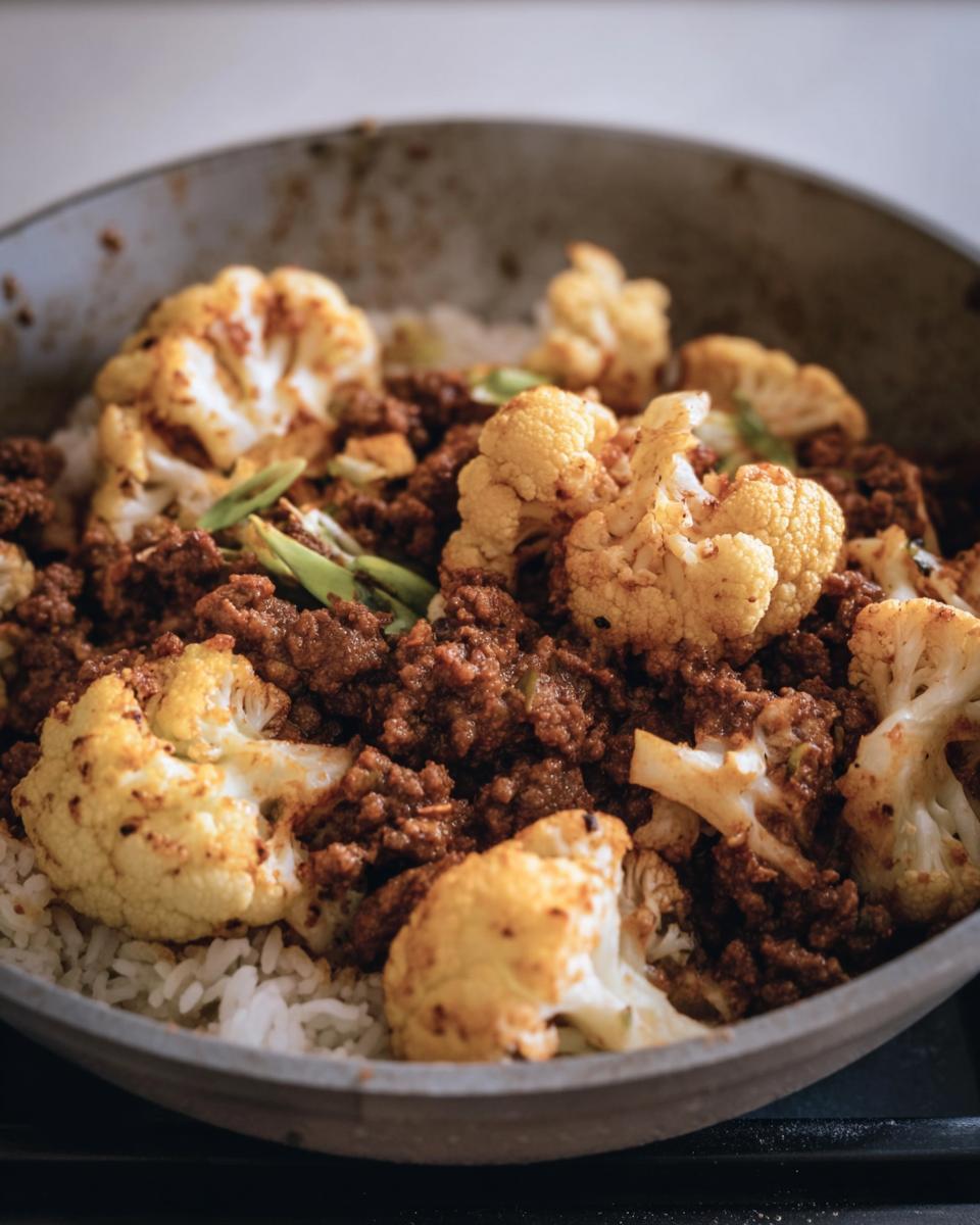 Close up of Ground Beef Cauliflower Skillet with rice and green onions in a skillet.
