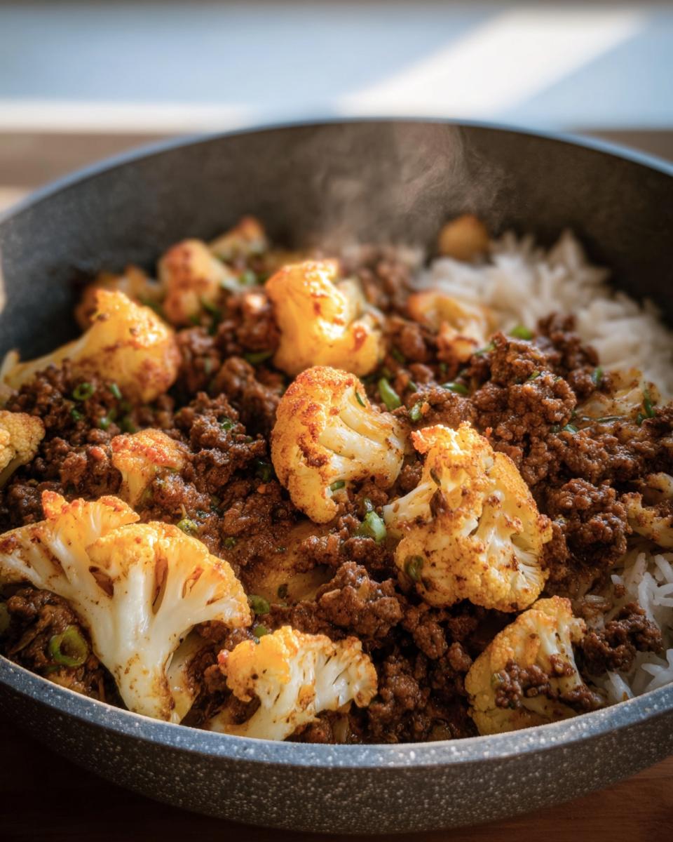 A skillet filled with ground beef cauliflower skillet and rice, garnished with green onions.
