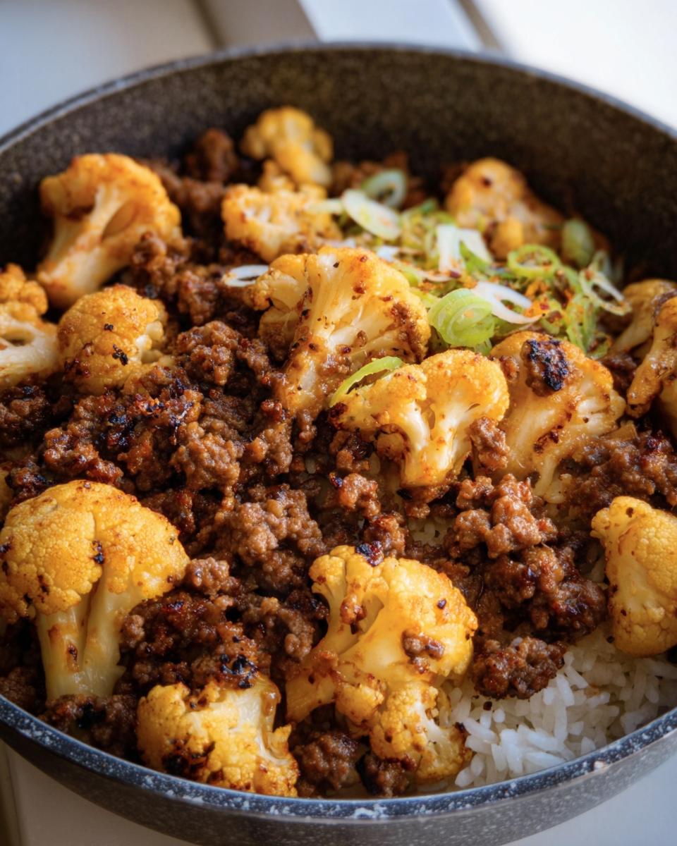Close-up of Ground Beef Cauliflower Skillet served in a bowl with rice and green onions.