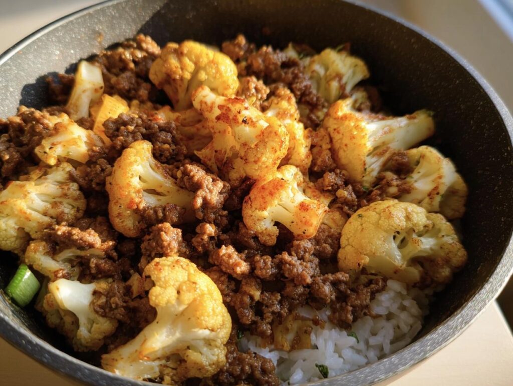 Close-up of a Ground Beef Cauliflower Skillet served over rice in a bowl, showcasing the beef and cauliflower.