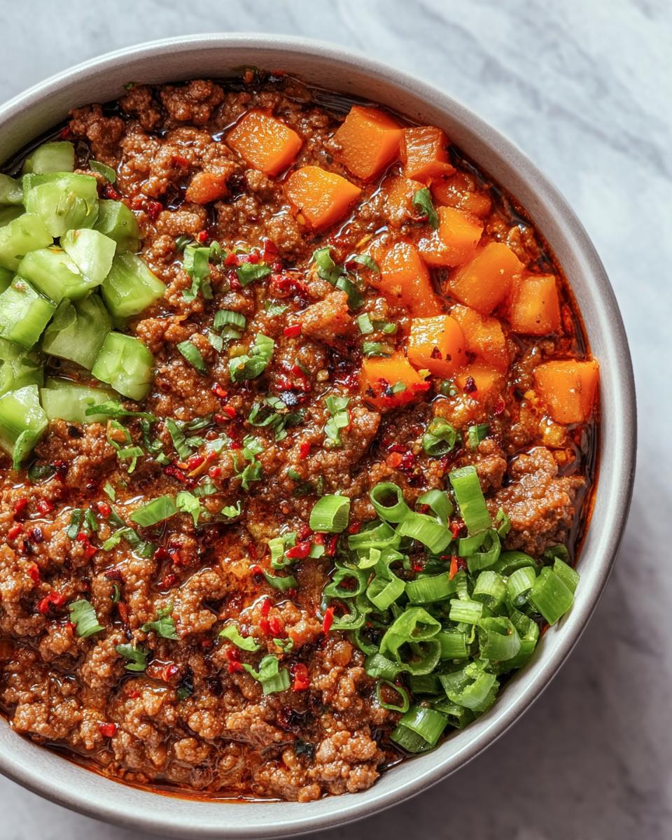 Overhead view of a Ground Beef Protein Bowl with ground beef, diced squash, celery, and green onions.