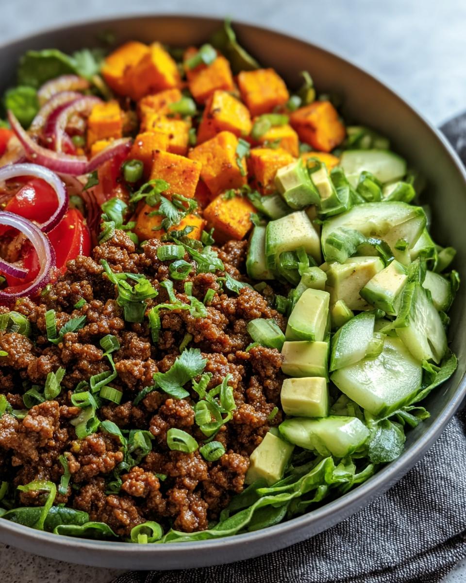 Overhead shot of a Ground Beef Protein Bowl with ground beef, sweet potato, avocado, and fresh vegetables.