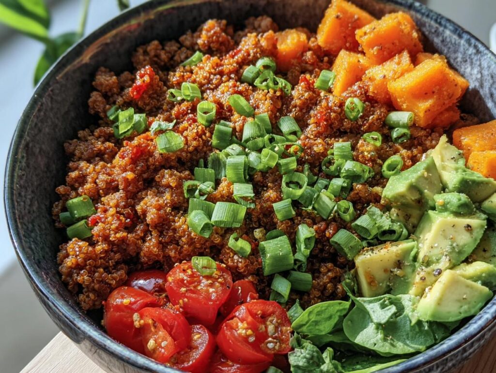 A vibrant Ground Beef Protein Bowl featuring quinoa, ground beef, avocado, tomatoes, and sweet potato.