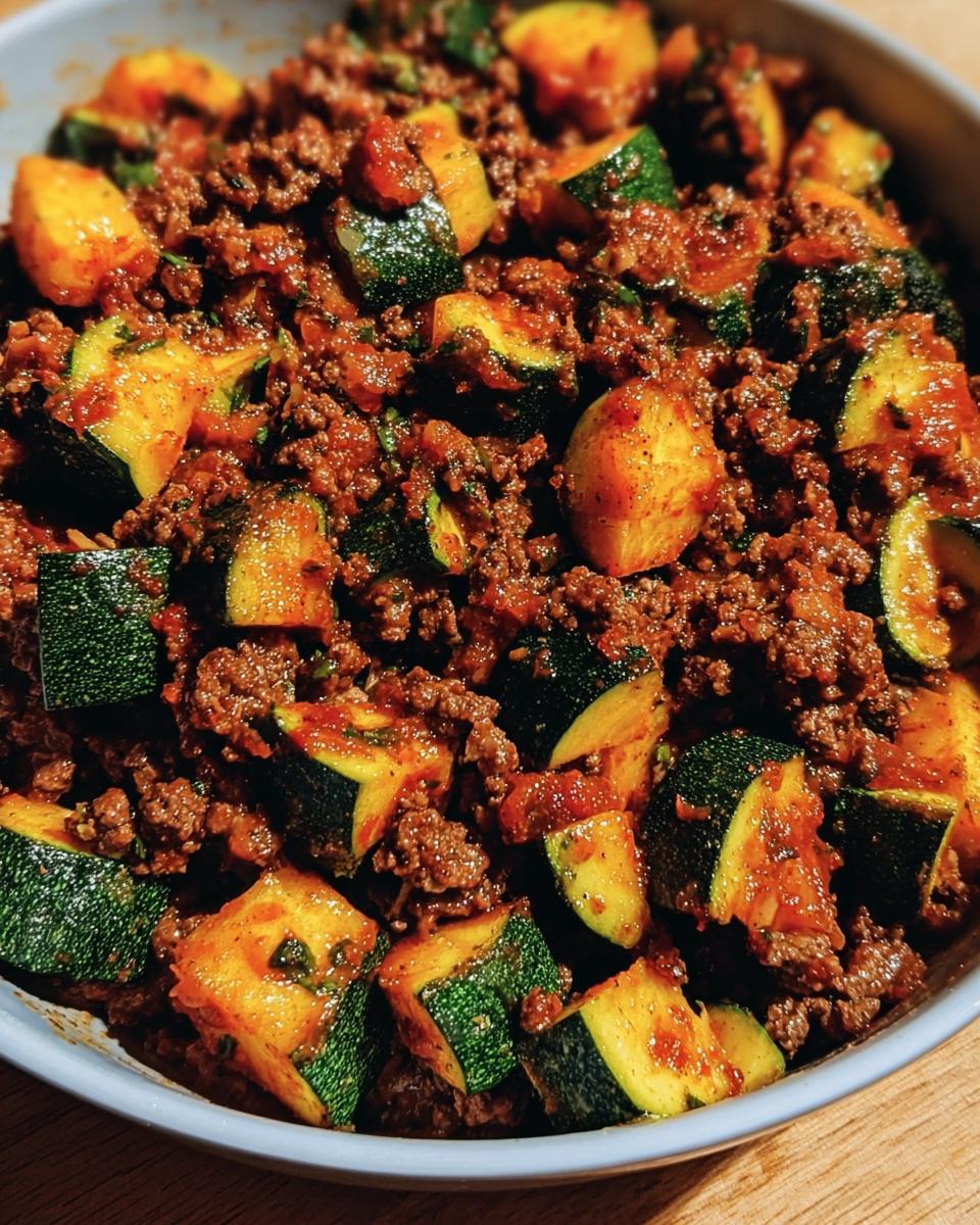 Close-up of a bowl filled with ground beef zucchini and spices, ready to eat.