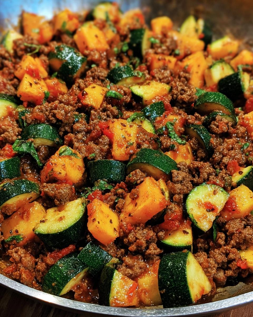 Close-up of a ground beef zucchini dish with diced zucchini and other vegetables.