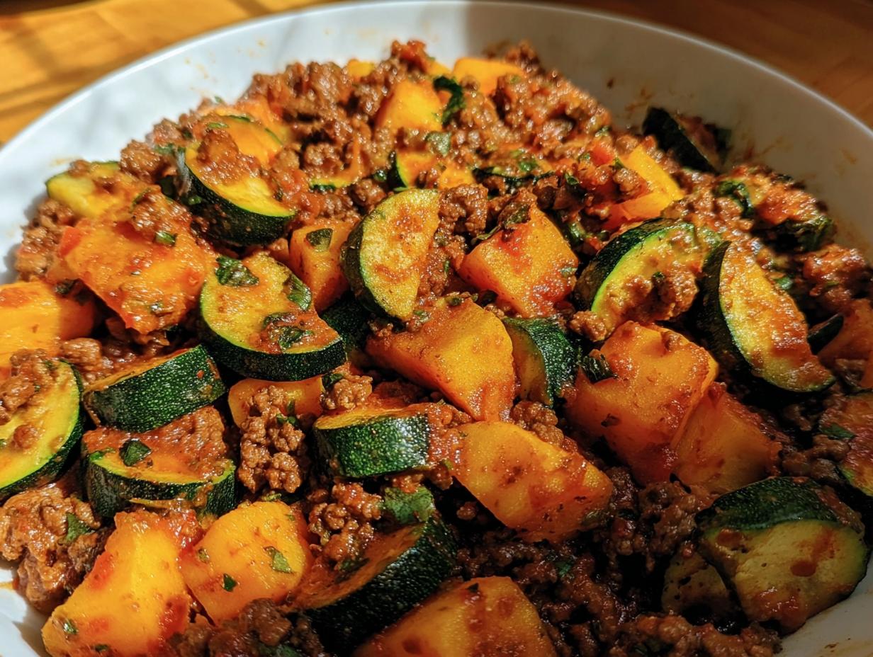 Close-up of ground beef zucchini dish with sliced zucchini and potatoes in a white bowl.