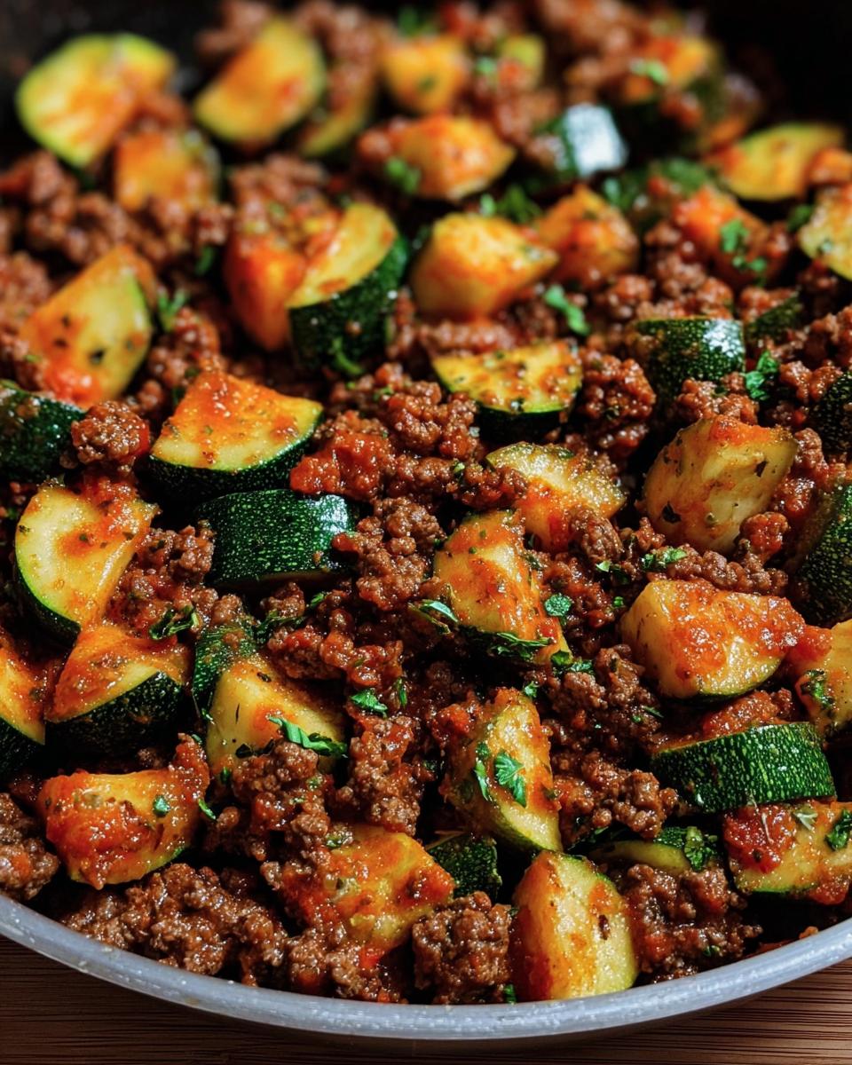Close-up of ground beef zucchini skillet with herbs, ready to serve. A quick and easy dinner.