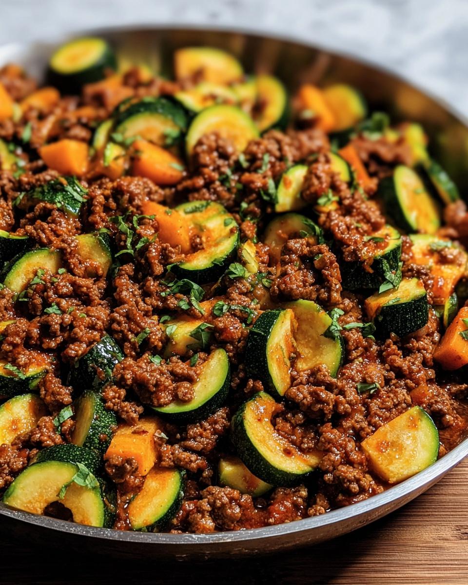 Close-up of ground beef zucchini skillet dinner with herbs, ready to serve.