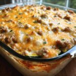 Delicious Ground Turkey Zucchini Casserole in a glass baking dish, topped with melted cheese and herbs.