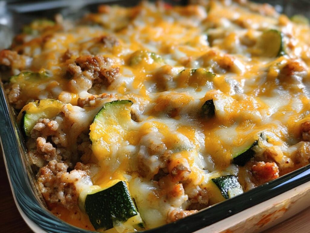 Close-up of a Ground Turkey Zucchini Casserole with melted cheese topping in a glass baking dish.