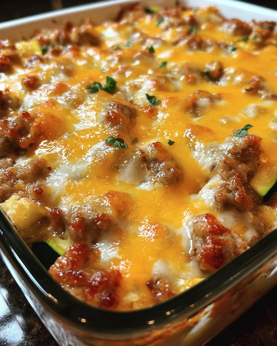 Close-up of a Ground Turkey Zucchini Casserole with melted cheese and garnished with parsley.