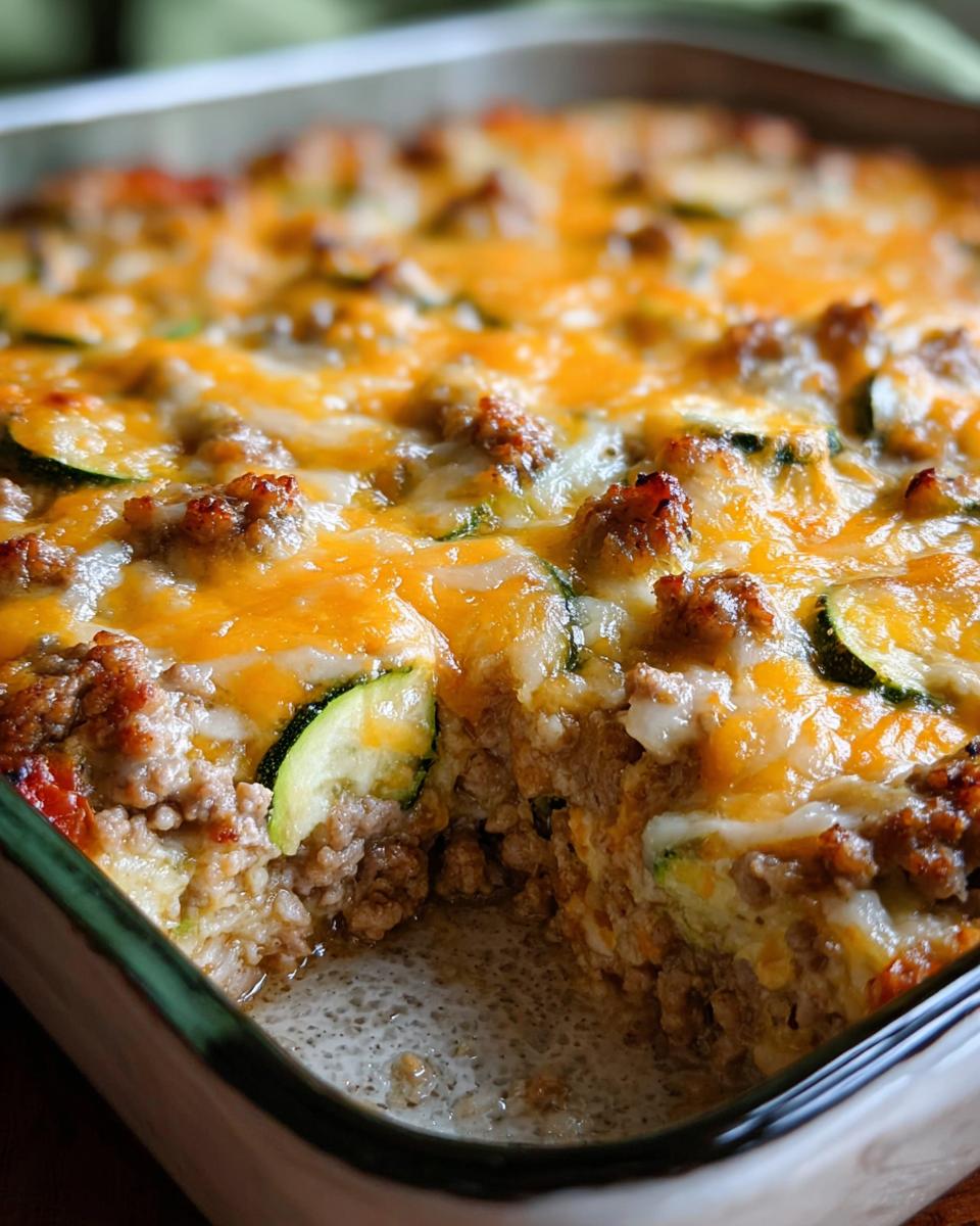 Close-up of Ground Turkey Zucchini Casserole with melted cheese in a baking dish, showing a portion removed.