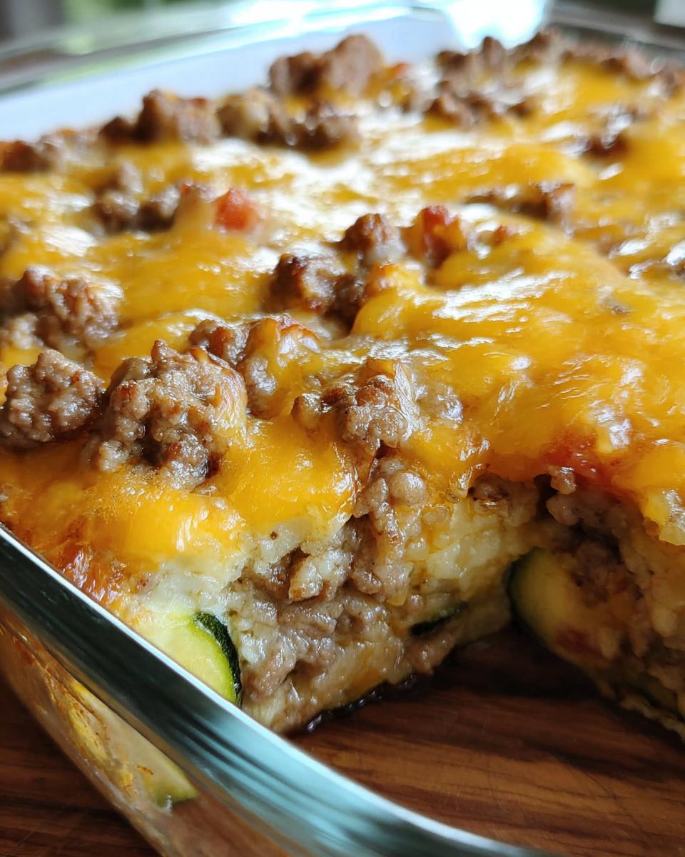 Close-up of Ground Turkey Zucchini Casserole in a glass baking dish, showing layers of zucchini, meat, and melted cheese.