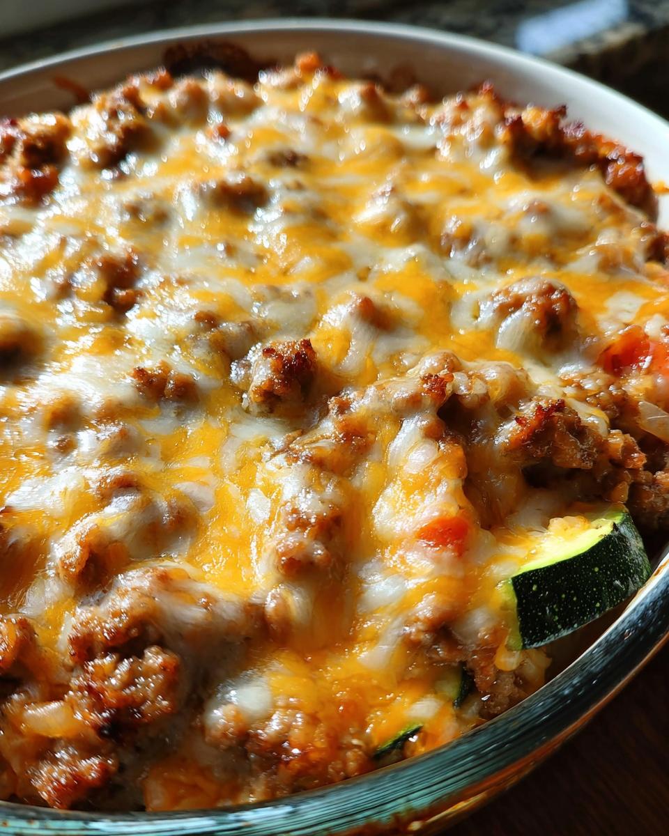 Close-up of a Ground Turkey Zucchini Casserole with melted cheese, zucchini slices, and ground turkey.