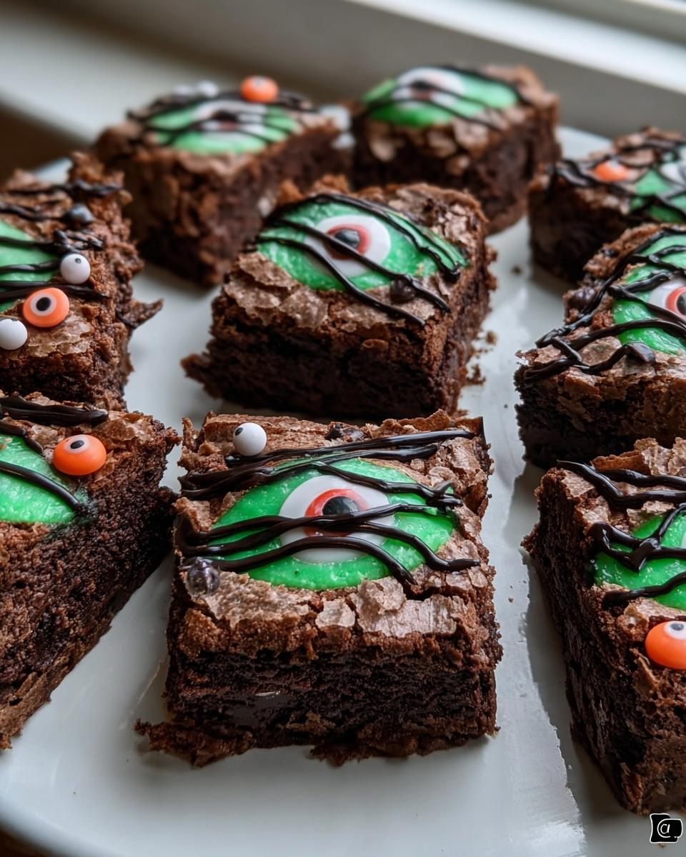 Several Halloween brownies decorated with green frosting, candy eyeballs, and chocolate drizzle.