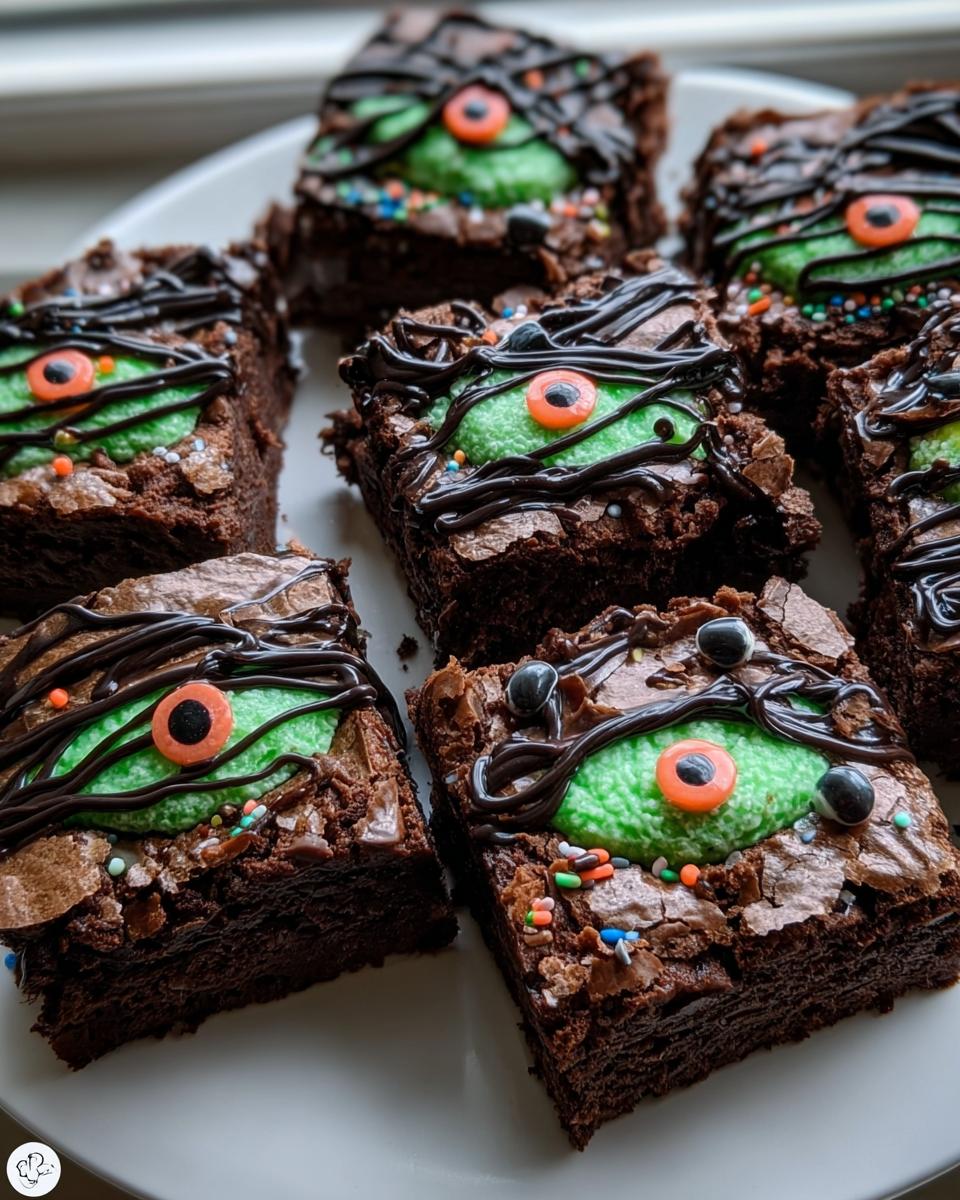 A batch of spooky Halloween brownies decorated with green frosting eyeballs and chocolate drizzle.