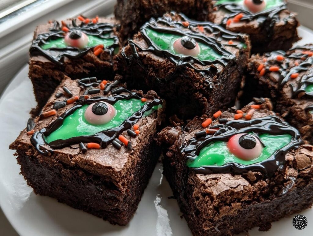 Close-up of spooky Halloween brownies decorated with green frosting, chocolate drizzle, sprinkles, and candy eyeballs.