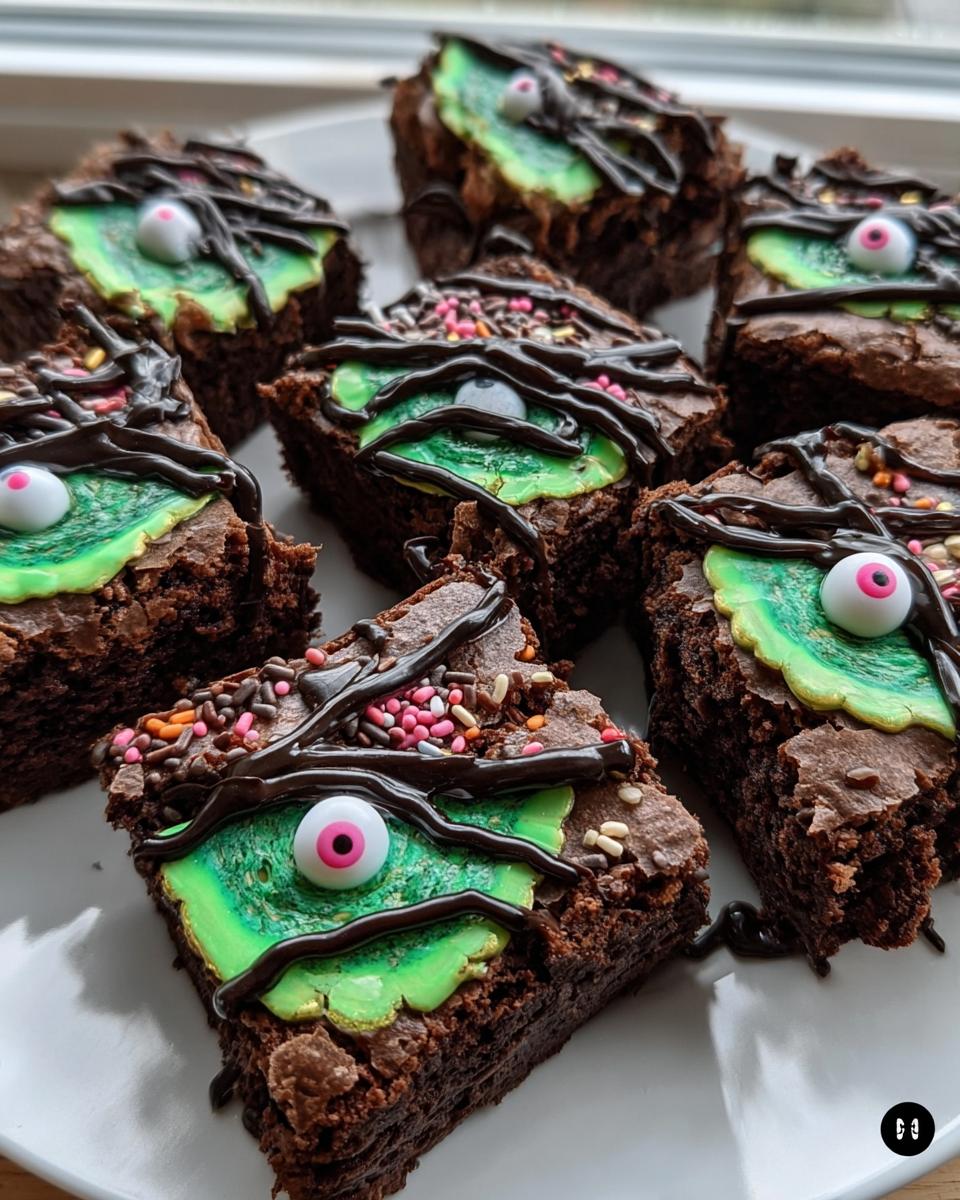 A batch of spooky Halloween brownies decorated with green frosting, chocolate drizzle, sprinkles, and candy eyeballs.