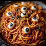 Close-up of Halloween Pasta Mozzarella Eyeballs Recipe with spaghetti, tomato sauce, mozzarella eyeballs, and black olives.