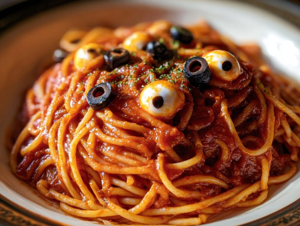 Spooky Halloween Pasta Mozzarella Eyeballs Recipe with tomato sauce and black olives.