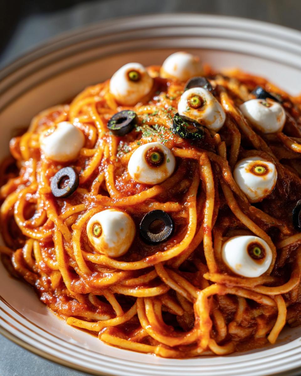 A spooky dish of Halloween Pasta Mozzarella Eyeballs with tomato sauce and black olives.
