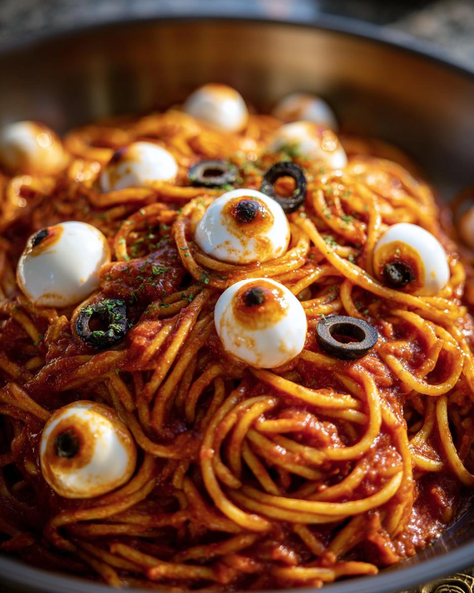 Close-up of Halloween Pasta Mozzarella Eyeballs recipe with spaghetti, tomato sauce, mozzarella eyeballs, and black olives.
