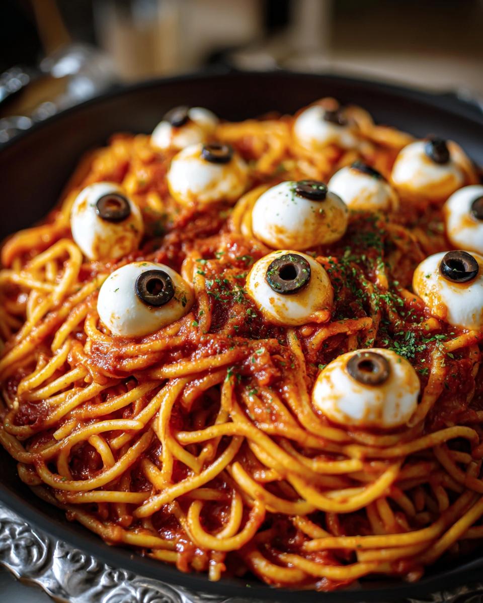 A spooky Halloween Pasta Mozzarella Eyeballs recipe with spaghetti, tomato sauce, and mozzarella eyeballs.