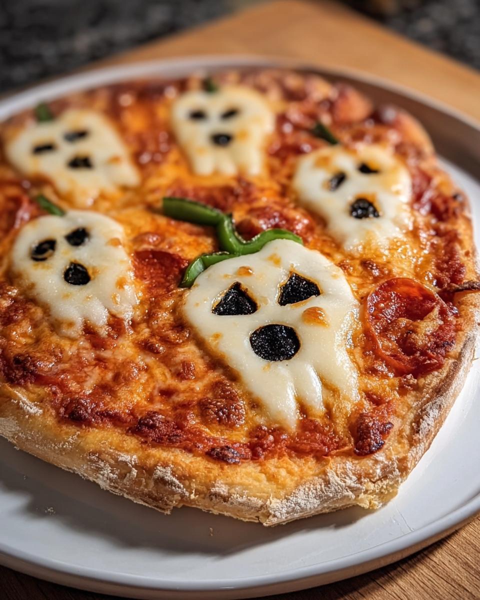 Halloween pizza margherita featuring ghost-shaped mozzarella and black olive faces on a crispy crust.