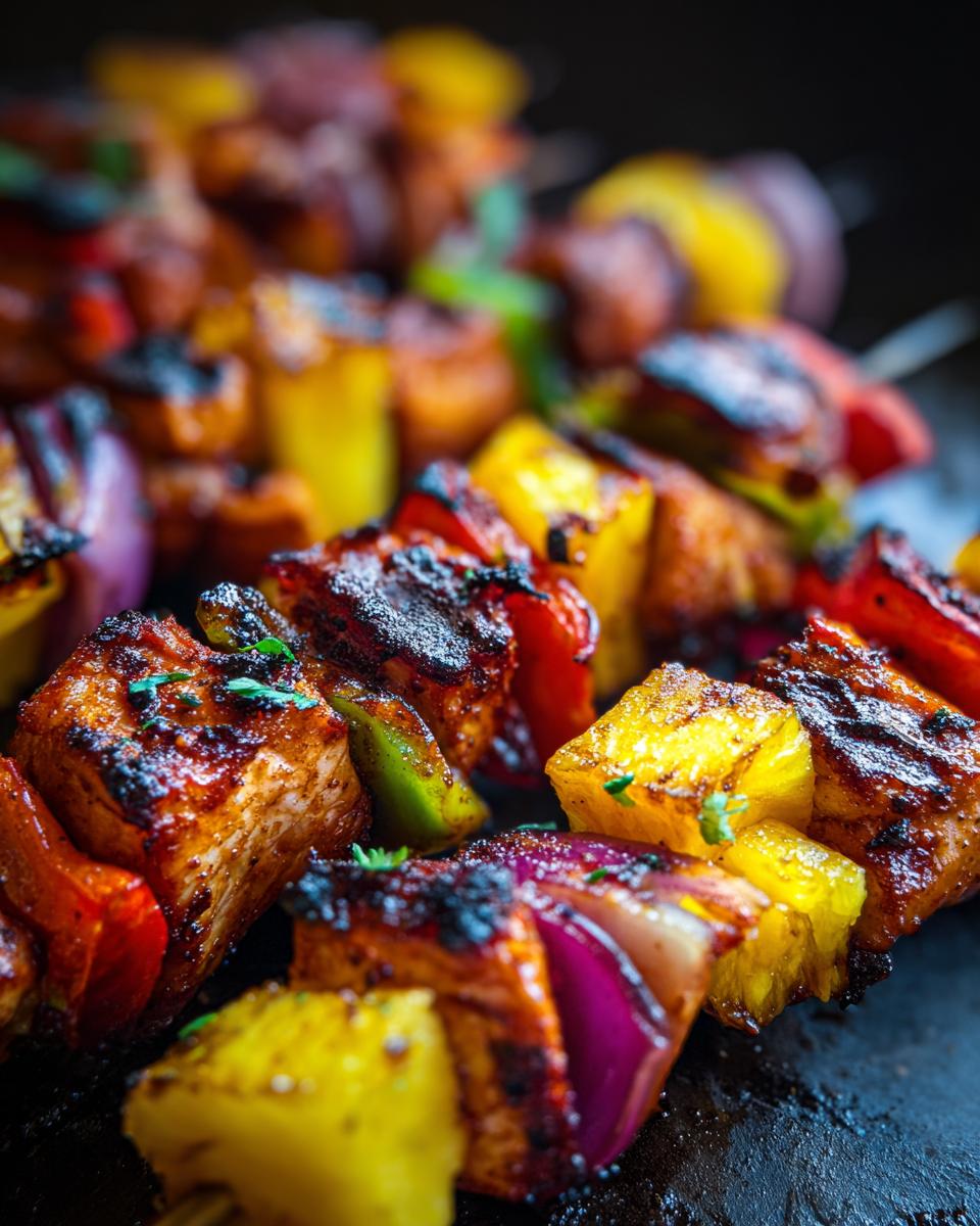 Close-up of grilled Hawaiian Chicken Pineapple Kebabs with chicken, pineapple, peppers, and red onion.