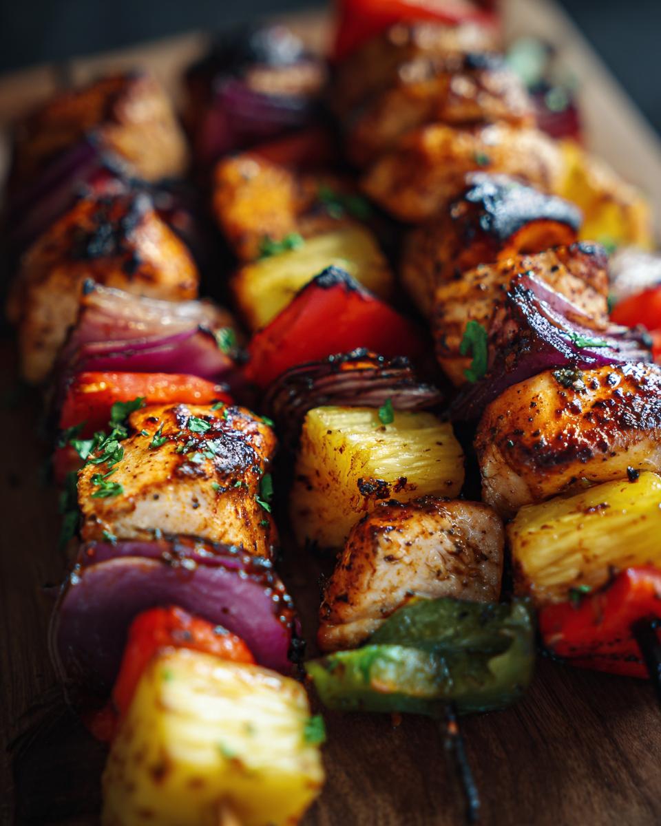 Close-up of Hawaiian Chicken Pineapple Kebabs with grilled chicken, pineapple, red onion, and bell peppers.
