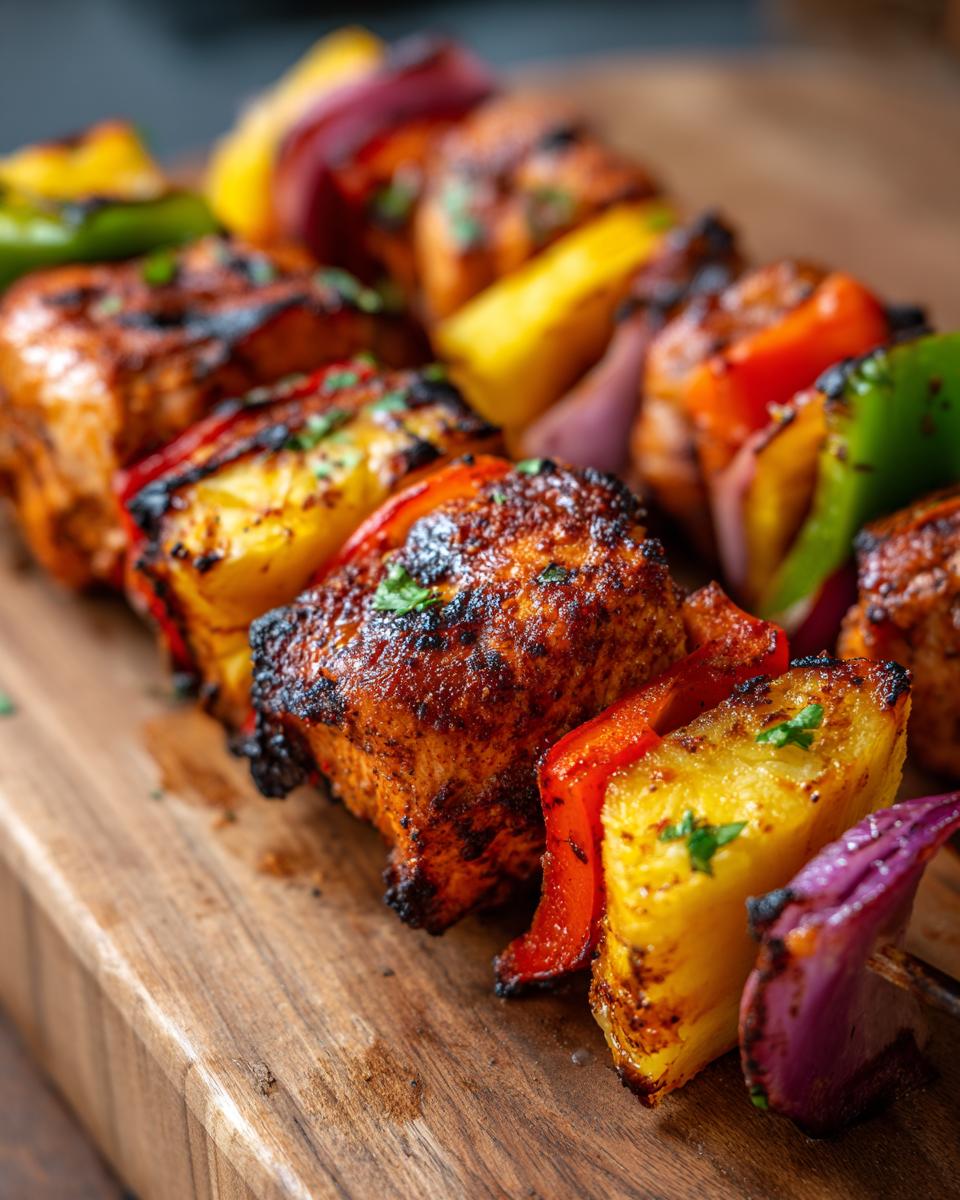 Close-up of Hawaiian Chicken Pineapple Kebabs featuring grilled chicken, pineapple, peppers, and red onion on a wooden board.