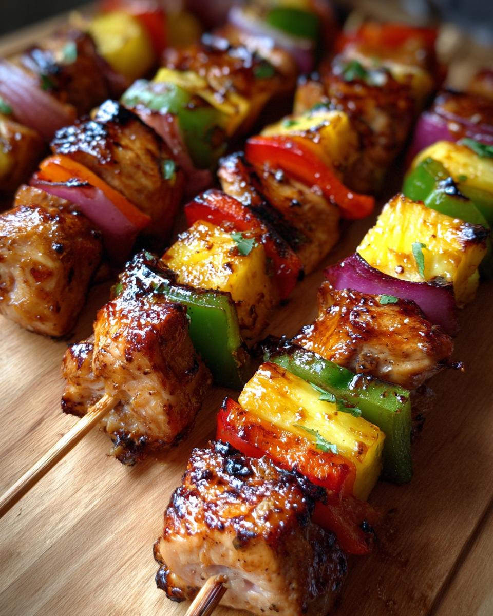 Close-up of Hawaiian Chicken Pineapple Kebabs with chicken, pineapple, peppers, and red onion on a wooden board.