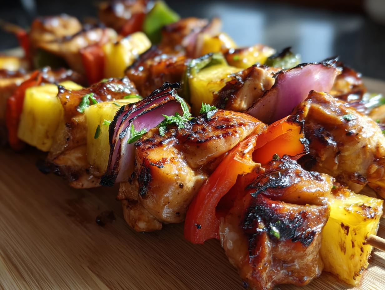 Close-up of grilled Hawaiian Chicken Pineapple Kebabs with chicken, pineapple, peppers, and onions on a wooden board.