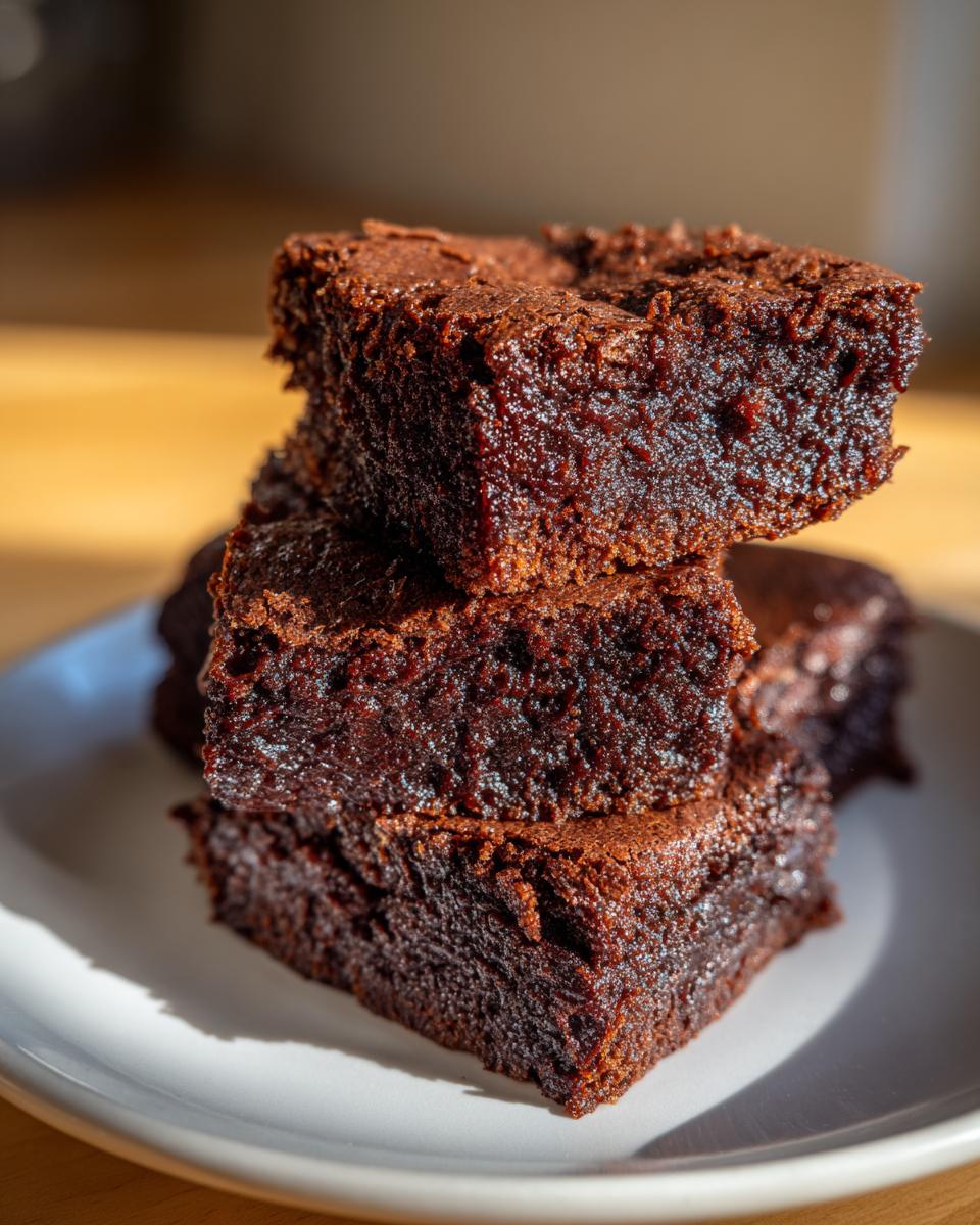 A stack of three Healthy 87 Calorie Brownies on a white plate, showcasing their rich, dark chocolate color and texture.