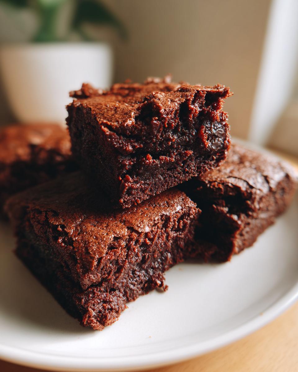 A stack of delicious Healthy 87 Calorie Brownies on a white plate, one with a bite taken out.