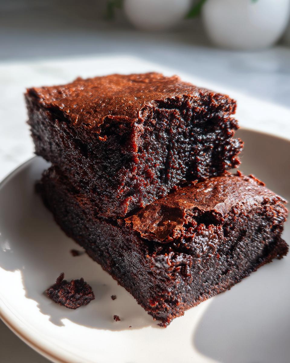 Two Healthy 87 Calorie Brownies stacked on a white plate, showcasing their fudgy texture and rich chocolate color.