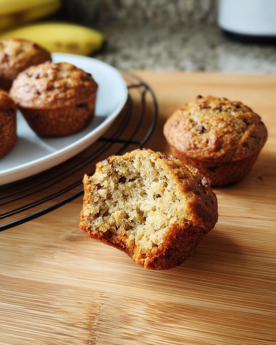 A partially eaten healthy banana muffin, showcasing its moist interior, with more muffins in the background.